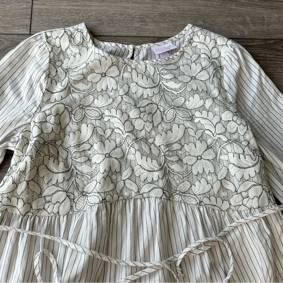 Isabel Maternity Floral Embroidery Pinstripes Bell  Sleeves Top - Picture 5 of 15